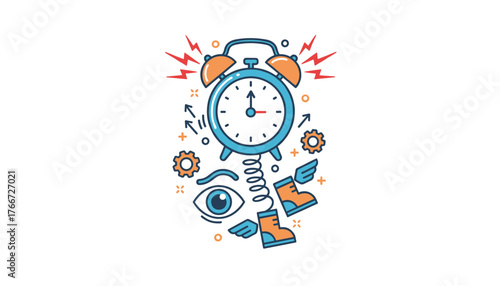 Vibrant vector illustration of a ringing alarm clock with lightning bolts, gears, an eye, and winged boots, symbolizing urgency, time, and the start of a busy day, set against a clean white