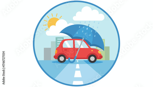 Vivid vector illustration depicting a red car under a large blue umbrella, symbolizing comprehensive car insurance coverage, with a cityscape and weather elements like sun, clouds, and rain in the