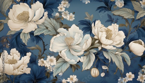 bloom of vintage floral seamless pattern spring flowers blue and white chinoiserie pattern muted tones textured wallpaper interior design background