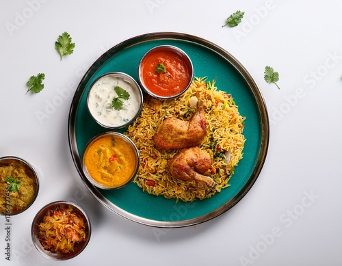 top view of biryani and chicken with side dishes and salsas on the side on a white background food advertising photography