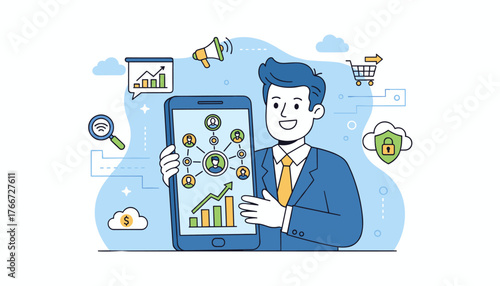 Vibrant illustration of a smiling businessman in a blue suit and yellow tie holding a large smartphone displaying a network of people, a growth chart, and marketing icons, symbolizing digital