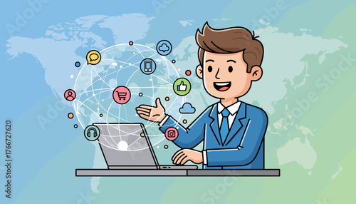 Dynamic illustration of a smiling businessman in a blue suit using a laptop, surrounded by a glowing global network of interconnected icons representing social media, communication, and e-commerce