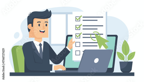Vibrant flat illustration of a businessman in a suit and tie sitting at a desk, actively using a laptop to complete a digital checklist with green checkmarks, symbolizing task completion and