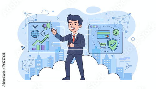 Dynamic businessman interacting with a futuristic virtual interface, showcasing digital marketing analytics with growth charts and global connectivity, alongside secure online payment and e-commerce