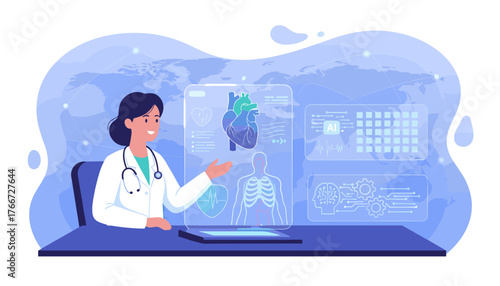A skilled cardiologist utilizes advanced holographic technology to analyze patient heart data, displaying vital signs, anatomical models, and AI-driven diagnostic insights on a futuristic interface