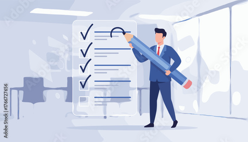 Business professional in a suit holding a giant pencil, marking a checkbox on a digital checklist or survey form, symbolizing task completion, planning, and project management in a modern office