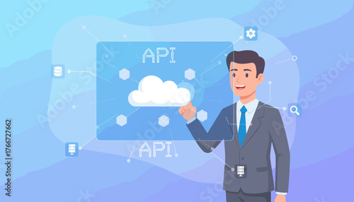 Business professional interacting with a cloud API application programming interface concept, showcasing data integration and digital transformation with interconnected icons representing databases