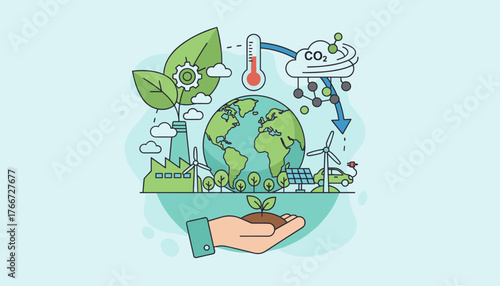Vivid illustration depicting a concept of CO2 emission reduction and green business practices, showcasing the Earth with renewable energy sources like wind turbines and solar panels, an electric car