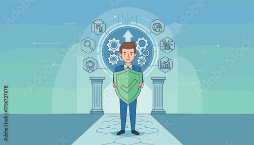 Business man holding a shield with a checkmark, symbolizing compliance, security, and adherence to regulations and standards, surrounded by digital icons representing data, technology, and growth