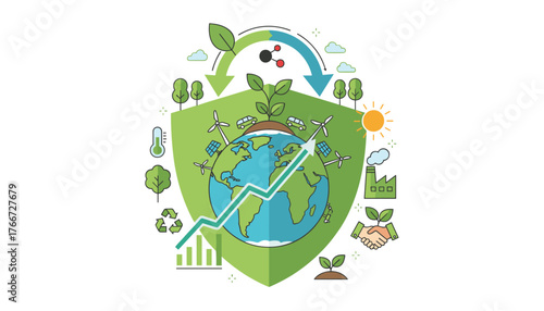 Vibrant illustration of a green business concept focused on CO2 emission reduction, featuring a growing graph superimposed on a planet Earth surrounded by renewable energy sources like wind turbines