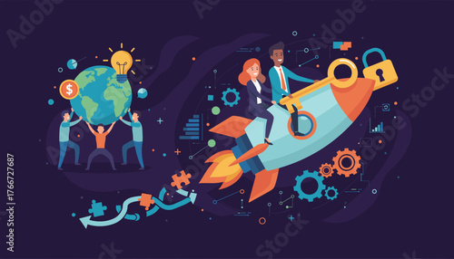 Diverse team of entrepreneurs launching a rocket ship symbolizing startup growth and global business success, with elements of teamwork, innovation, and security, against a cosmic background.