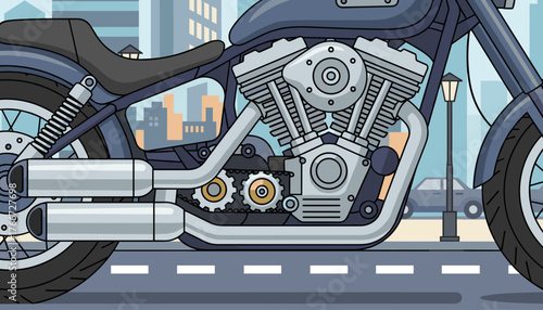Detailed close-up illustration of a powerful motorcycle engine, showcasing its intricate mechanical components and chrome exhaust pipes, set against a blurred urban street backdrop with buildings and