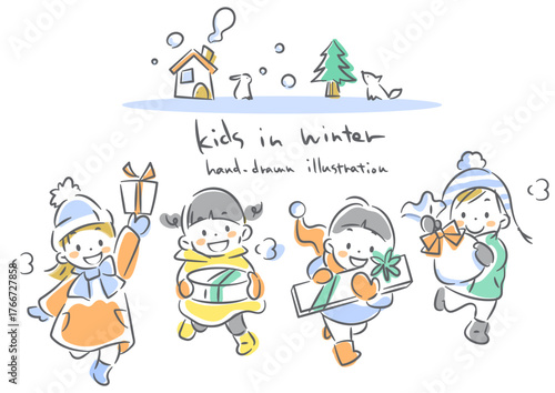クリスマスプレゼントを抱えて走る子供たち　やわらかくて暖かみのある水彩風手描き線画イラスト