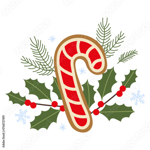 Festive candy cane decorated with holly and pine, perfect for holiday celebrations and winter festivities