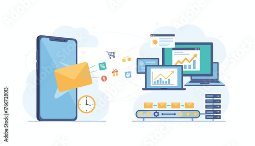 Automated email marketing concept with a smartphone sending messages to a digital conveyor belt and computers displaying growth charts, symbolizing efficient communication and business analytics for