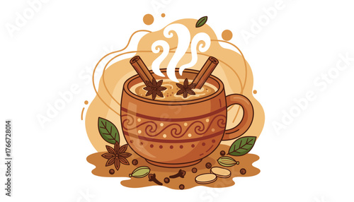 Aromatic Masala Chai Tea in a Traditional Clay Mug, Garnished with Star Anise and Cinnamon Sticks, Surrounded by Spices like Cardamom and Cloves, Evoking Warmth and Comfort, Perfect for Beverage and
