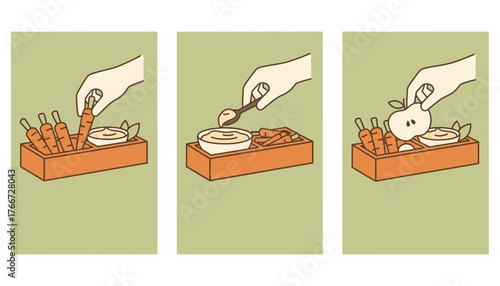 Hands preparing and eating healthy food by dipping carrots and an apple slice into a bowl of sauce, promoting balanced nutrition and healthy snacking in an illustrated sequence
