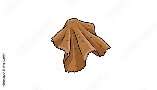 A simple cartoon illustration of a brown cleaning rag, isolated on a clean white background, with its textured edges and fabric folds clearly depicted, suitable for various cleaning and household