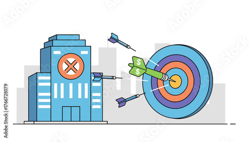 Conceptual illustration of business success and financial goals, with a dart hitting the bullseye of a target, symbolizing opportunity and achievement, next to a modern office building.
