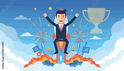 Excited businessman in suit riding a rocket upwards against a blue sky with clouds, stars, and fireworks, symbolizing business growth, innovation, success, and fast speed development, with a trophy
