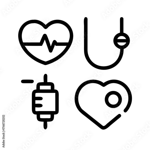 Illustration of medical icons, featuring a heart with a heartbeat line, an iv drip, a blood transfusion bag, and a heart with a target, conveying healthcare concepts