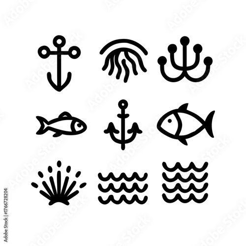 Vector art of nautical icon set featuring anchor, jellyfish, chandelier, fish, sea shell, and wave, representing marine life, ocean, and maritime themes in a simple design