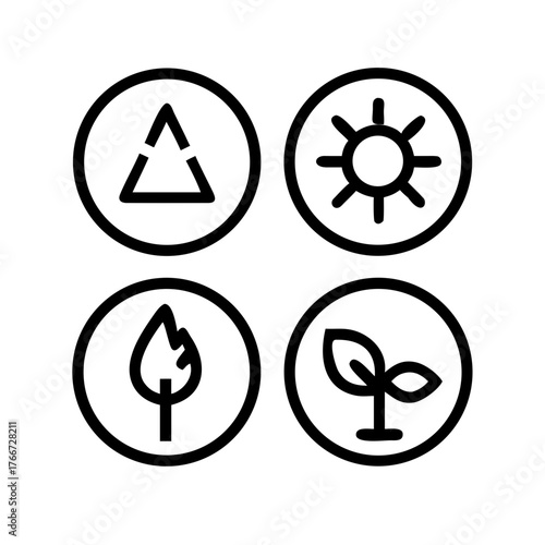 Vector art of four elements of nature in a simple line art style air, sun, fire, and earth, each represented by a minimalist icon inside a circle