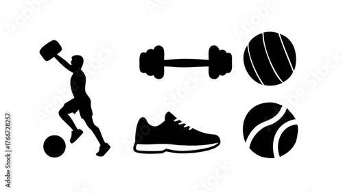Vector art of various sports equipment and a person playing soccer, representing physical activity and a healthy lifestyle, this promotes fitness and wellbeing