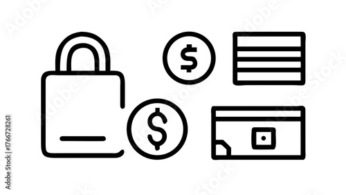 Vector art of financial security icons lock, coin, and credit card for banking, payment, and investment in vector format, representing wealth and protection