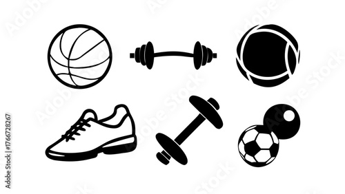 Vector art of sports equipment icons basketball, dumbbells, tennis ball, shoe, and soccer ball for fitness, exercise, and active lifestyle in vector format
