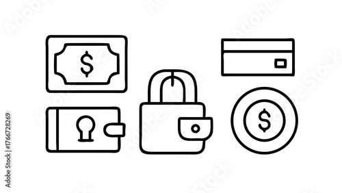 Vector art of financial icons money, wallet, credit card, and coin for banking, payment, and investment in vector format, representing wealth and security