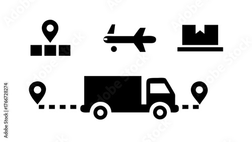 Vector art of delivery truck icon illustration, this vector graphic shows a delivery truck with a location pin, airplane, and package, representing various modes of transportation and delivery