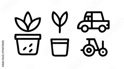 Vector art of outline icons of plants and vehicles potted plant, seedling, car, tractor gardening, transportation, agriculture, nature, environment, vector illustration