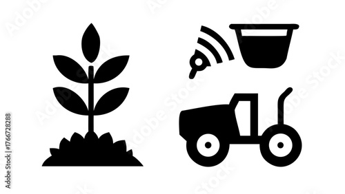 Vector art of smart farming icons plant, irrigation, tractor modern agriculture technology, precision farming, automation, data analysis, sustainability, vector illustration