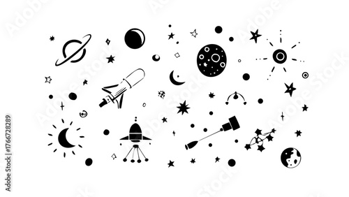 Vector art of handdrawn space elements planets, stars, rocket, ufo, telescope, moon, sun, constellation cute cosmic doodles for kids, astronomy, science, galaxy concept, vector illustration