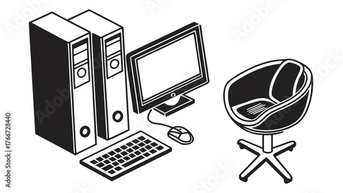 Illustration of an office setup, featuring a computer, keyboard, mouse, chair, and file folders, rendered in a clean, minimalist black and white style