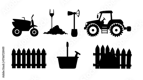 Vector art of silhouette illustration of farming equipment and tools, representing agriculture, cultivation, and rural life