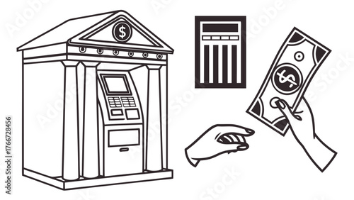 Illustration of a bank building, atm, hand holding money, and calculator, symbolizing financial institutions, transactions, and banking