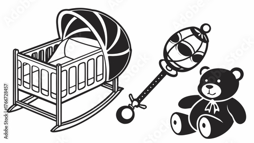 Illustration of a rocking cradle, baby rattle, and teddy bear, rendered in a clean, minimalist black and white style, ideal for babyrelated themes
