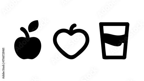 Vector art of healthy lifestyle concept a simple black glyph icon illustration of an apple, heart, and glass of water, symbolizing nutrition, love, and hydration