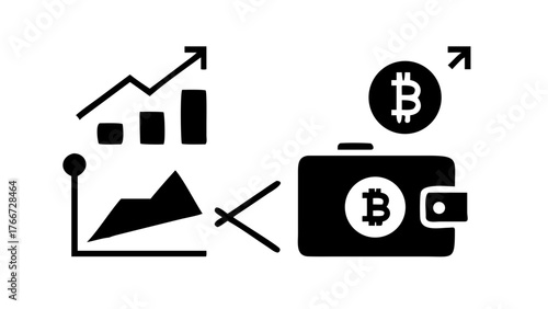 Vector art of bitcoin growth concept a simple black glyph icon illustration of a wallet with bitcoin symbol and a rising graph, showcasing the increasing value of cryptocurrency