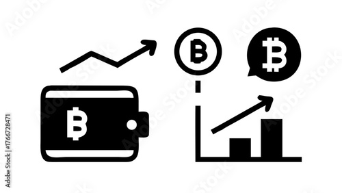 Vector art of bitcoin investment growth a simple black glyph icon illustration of a wallet with bitcoin symbol and a rising graph, showcasing the increasing value of cryptocurrency