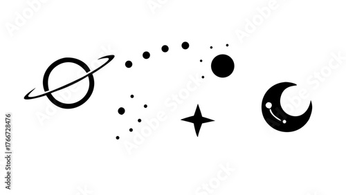 Vector art of a set of minimalist vector illustrations featuring celestial elements like planets, stars, and moons, ideal for space, astronomy, and dreamy themes