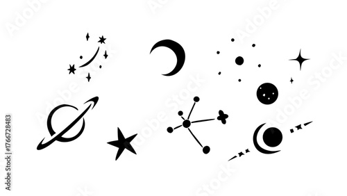 Vector art of a collection of celestial vector illustrations, featuring stars, moons, planets, and constellations, perfect for space, astronomy, and mystical themes