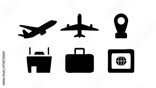 Vector art of international travel and tourism icons set airplane, location pin, airport, luggage, and globe symbols for global destinations and travel planning