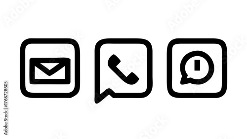 Vector art of a collection of square communication icons, featuring an email, a phone, and an information symbol, representing various modes of digital interaction