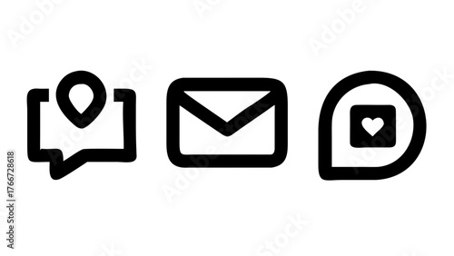 Vector art of a set of communication icons, including a location pin in a speech bubble, an email envelope, and a heart in a speech bubble, representing connection and messaging