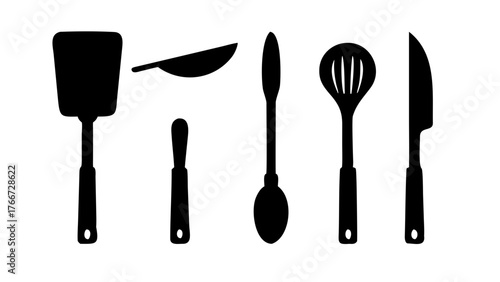 Vector art of set of kitchen utensils, including spatula, frying pan, butter knife, spoon, slotted spoon, and chefs knife, essential for cooking and food preparation