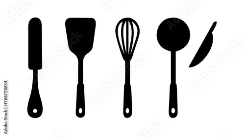 Vector art of kitchen utensils, including butter knife, spatula, whisk, ladle, and paring knife, representing essential tools for cooking and baking in a modern kitchen
