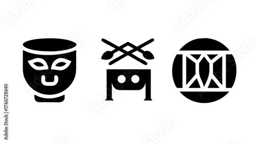 Vector art of a set of traditional drum icons, featuring various drum styles and drumsticks in simple black silhouette style, representing music and culture
